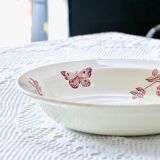 Large 19th century pink ironstone salad bowl with birds, dragonfly and butterflies, Badonviller