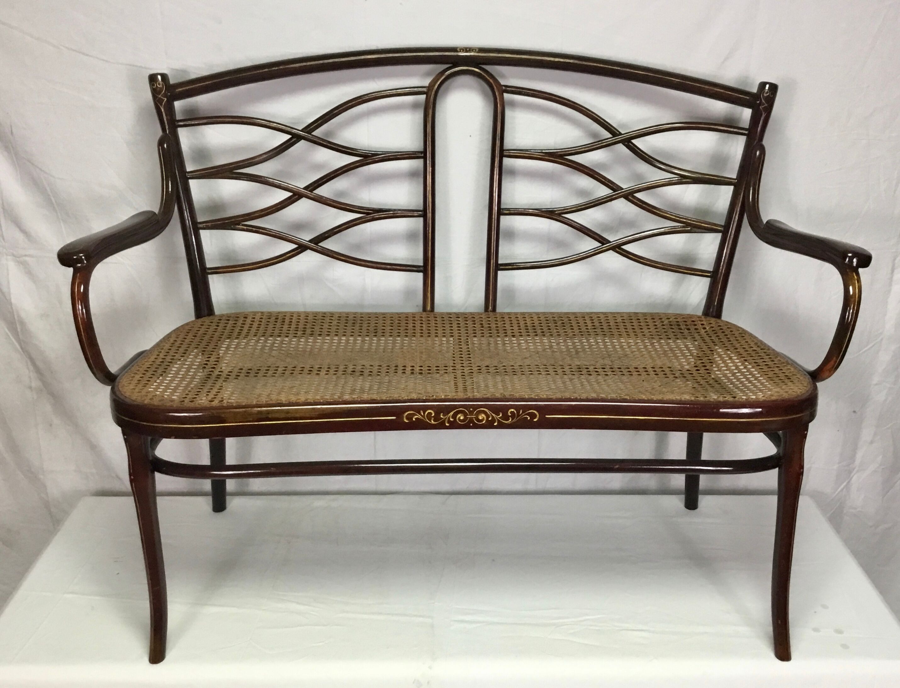 Turned wooden bench with caning by Thonet, Austria