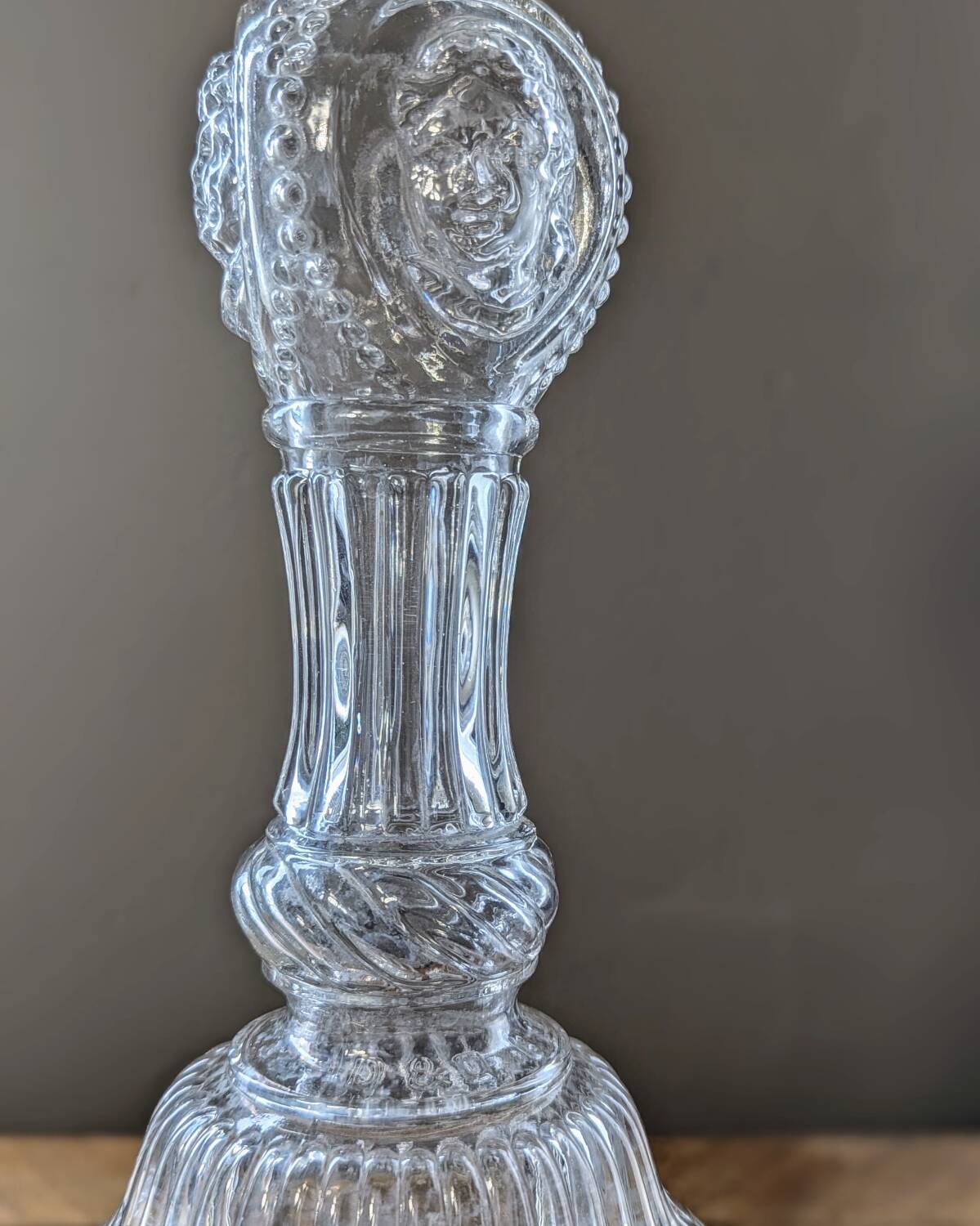 Legras candlestick in molded glass with faces in relief, vintage carafe
