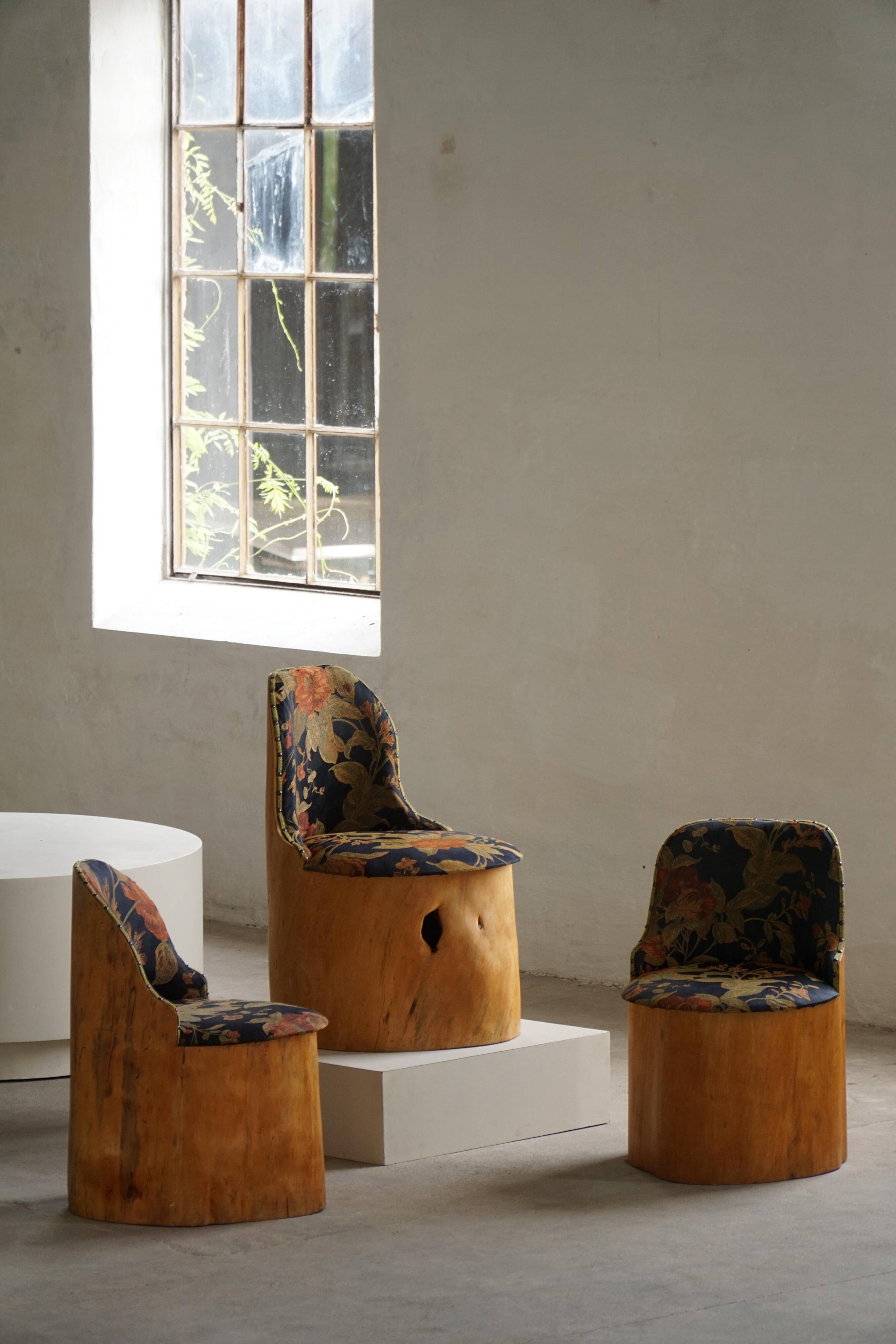 Swedish stump chair / "Kubstol" in pine and floral upholstery, mid-20th century