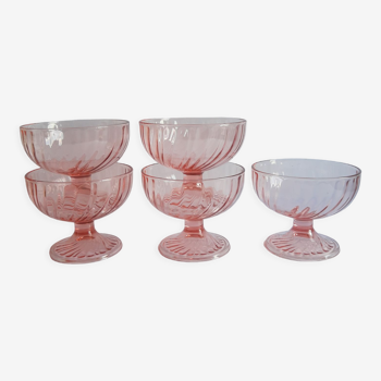 Set de 5 coupes à glaces , desserts en verre rose rosaline vintage années 70