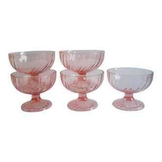 Set de 5 coupes à glaces , desserts en verre rose rosaline vintage années 70