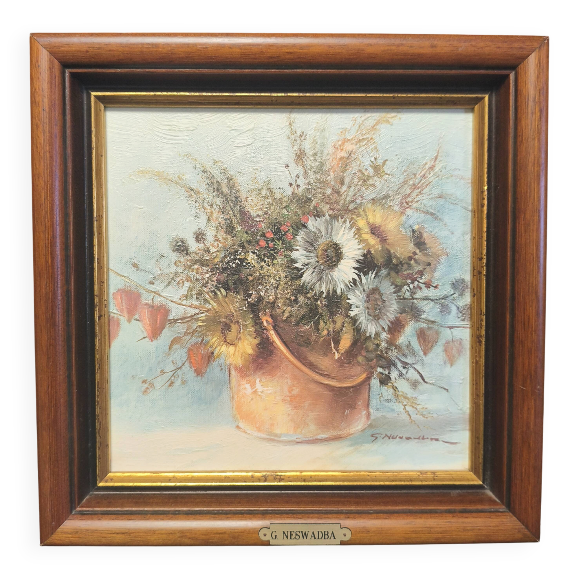 Oil on canvas signed G. Neswadba, bouquet of flowers, 30 × 30 cm