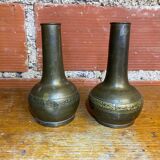 Pair of Antique Vintage Repoussé Brass Vases