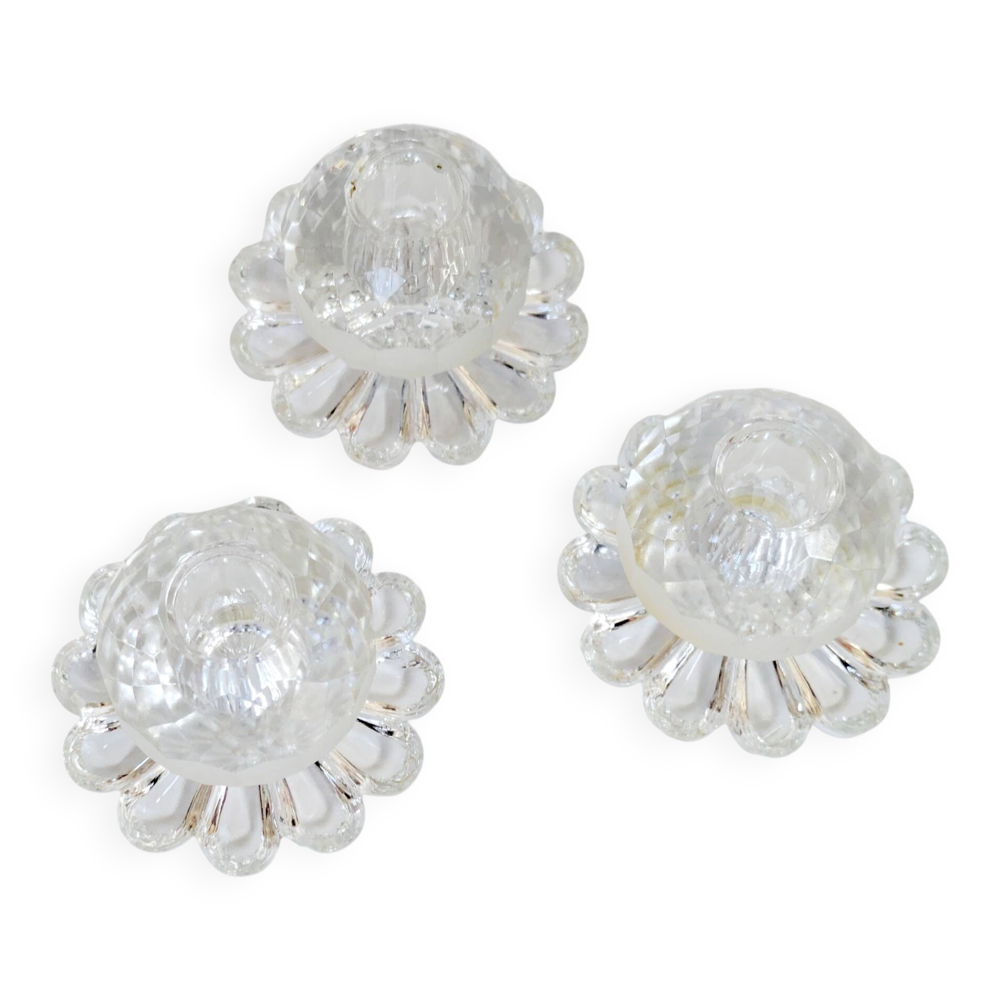 Lot of 3 vintage faceted crystal candle holders with flower base for slim candles.