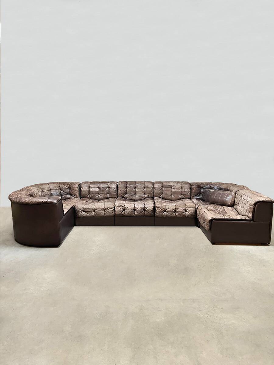 Vintage design modular lounge sofa brown leather