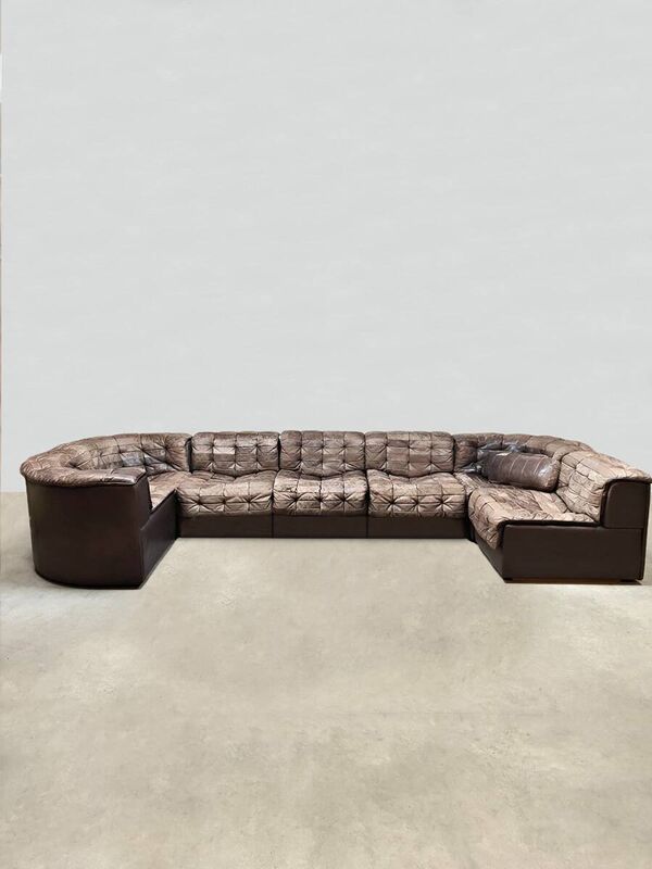 Canapé de salon modulable design vintage en cuir marron