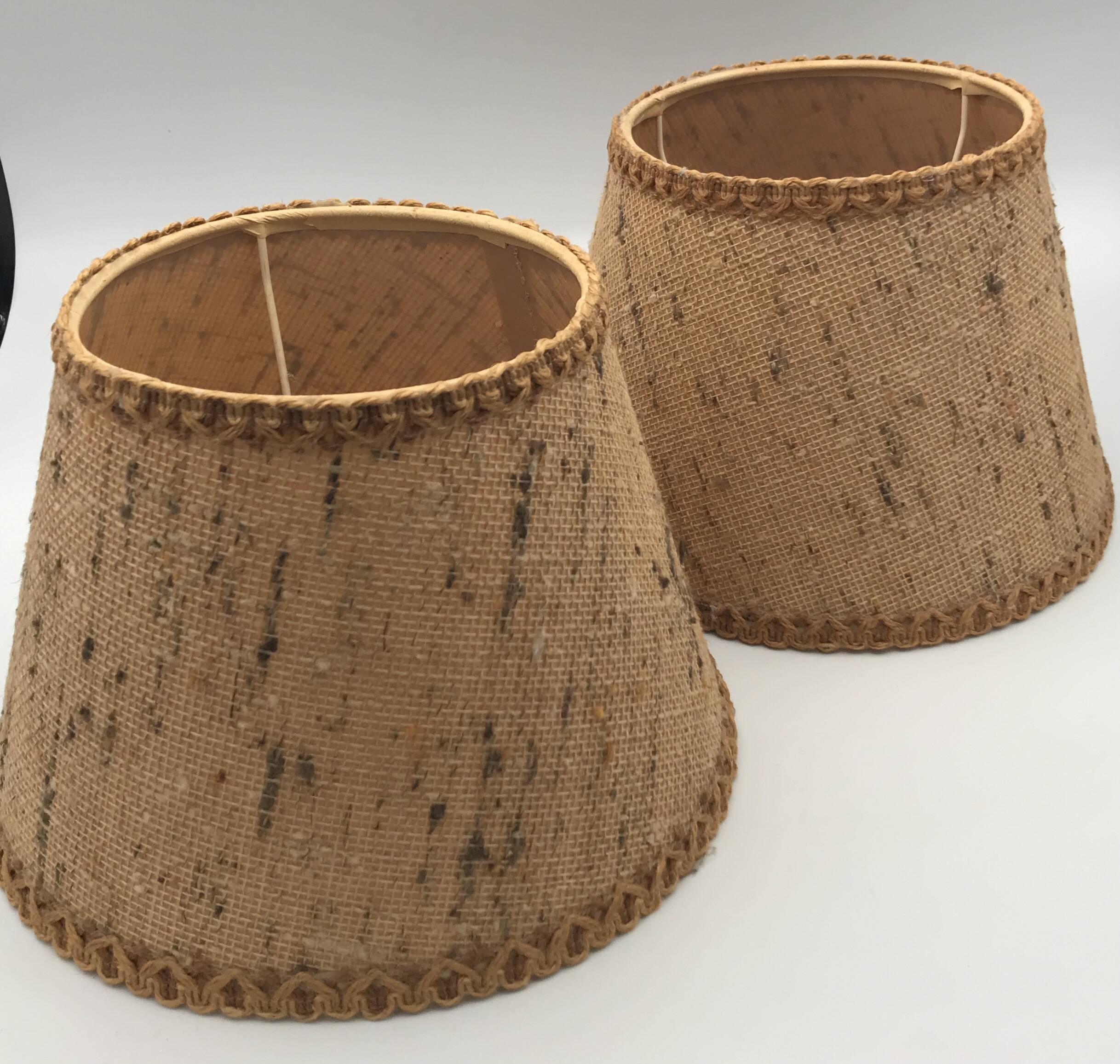 Pair of vintage burlap and braid lampshades