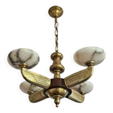 Art Deco chandelier attributed to the Petitot Workshop in bronze, walnut, and alabaster.