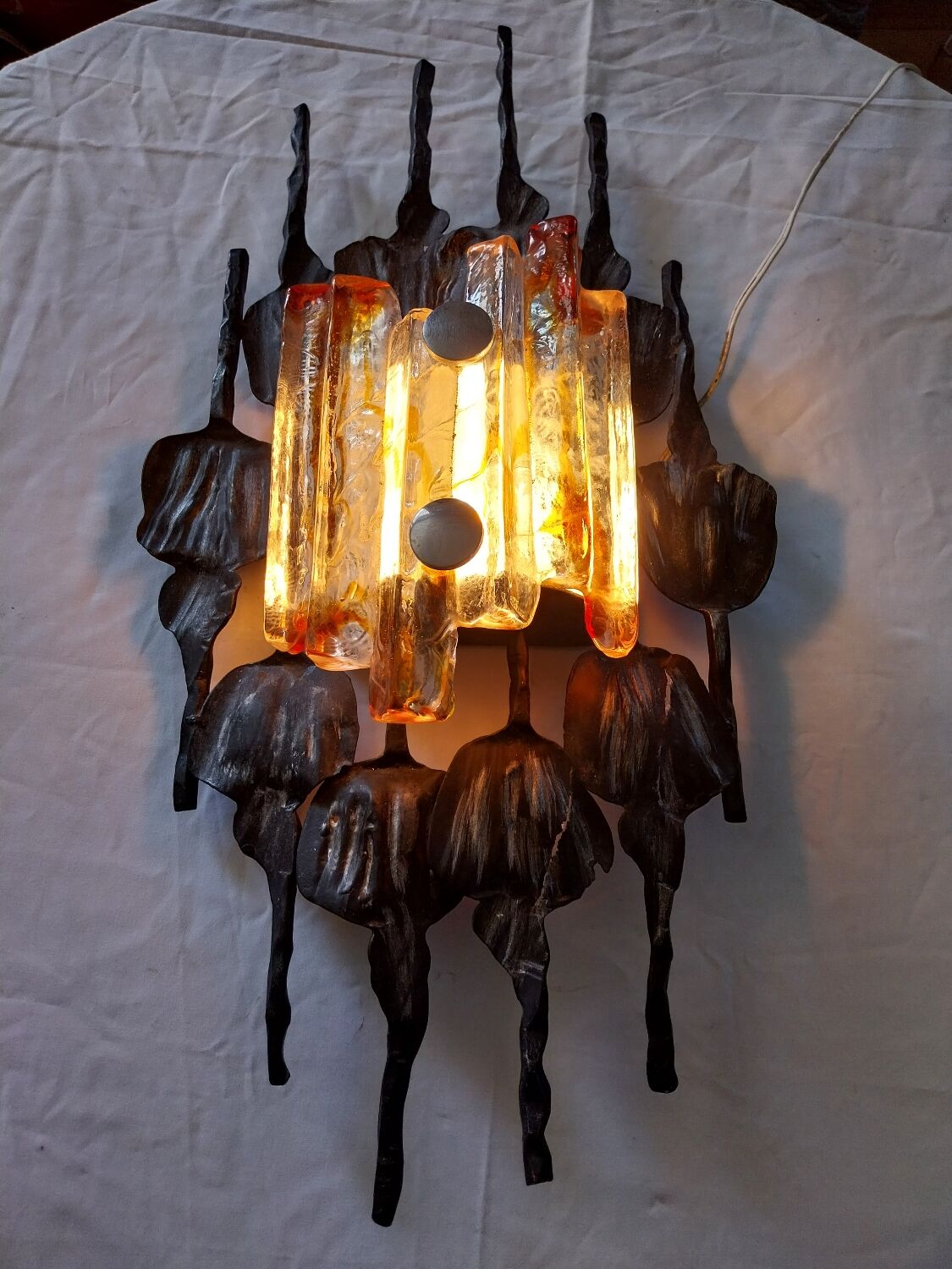 Brutalist glass and iron wall lamp from the 60s