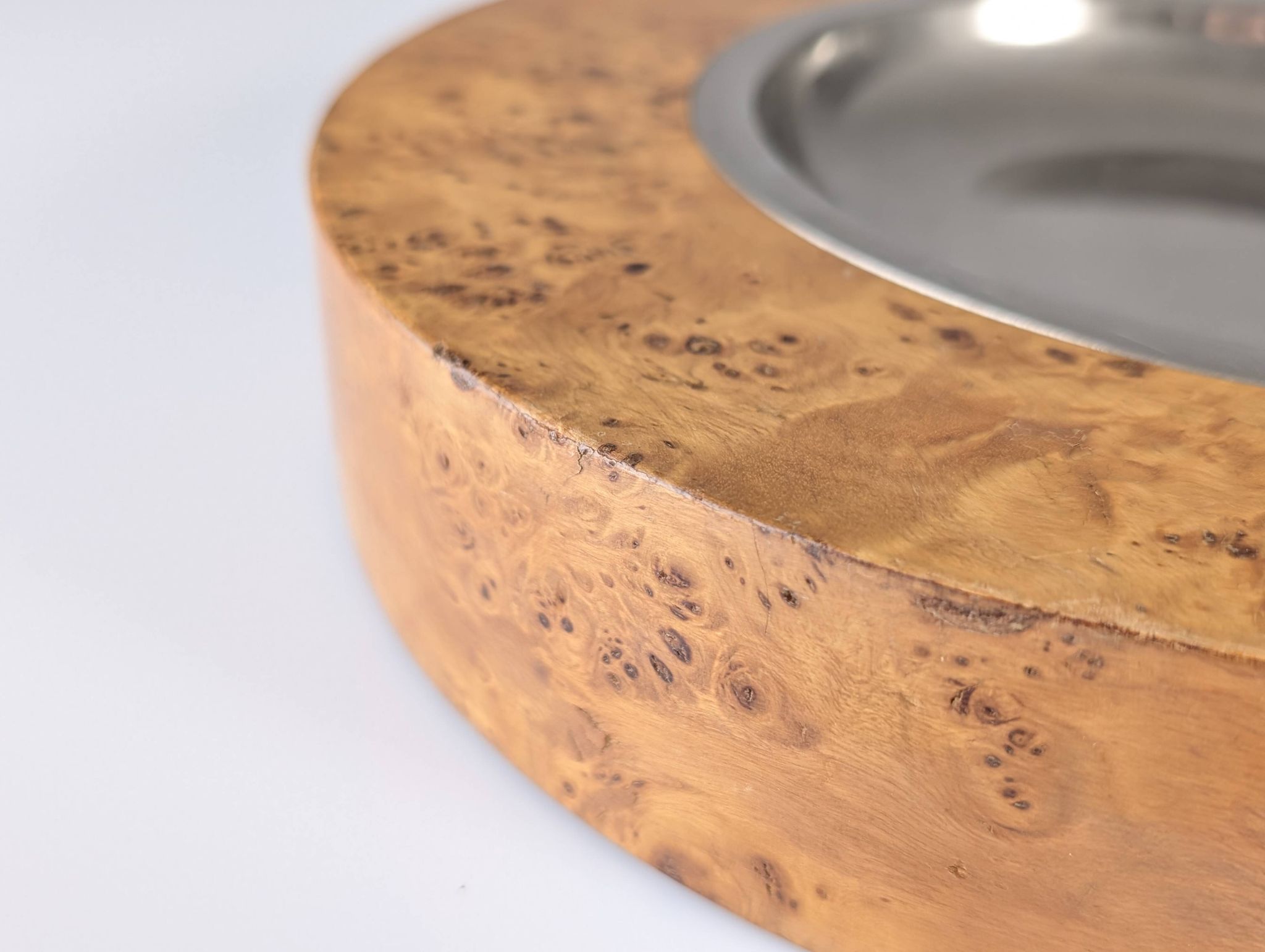 Italian Burl Wood & Steel Ashtray in the Style of Tomasso Barbi, 1970s