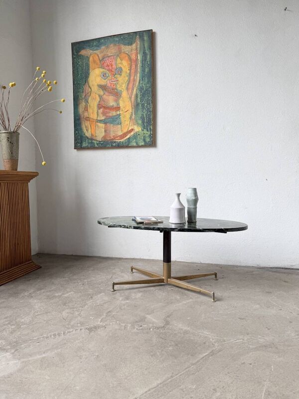 Table basse en marbre vert et laiton par Michel Kin pour Arflex