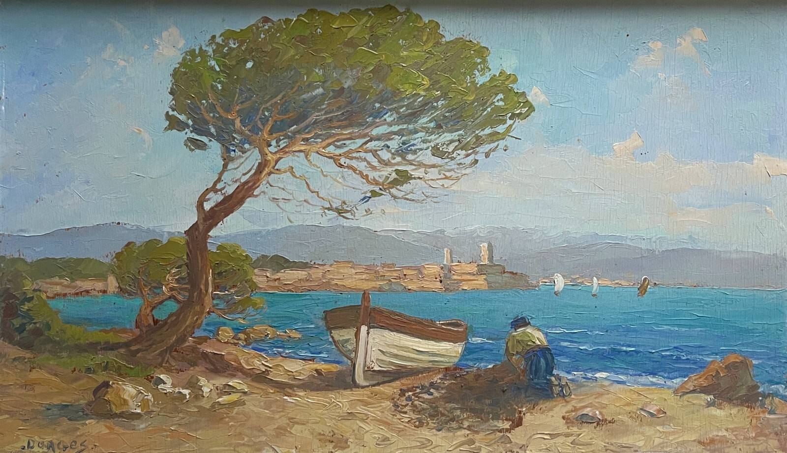 Tableau HSP "Mediterranean Sea" boat and fisherman signed Dorges