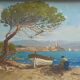 Tableau HSP "Mediterranean Sea" boat and fisherman signed Dorges