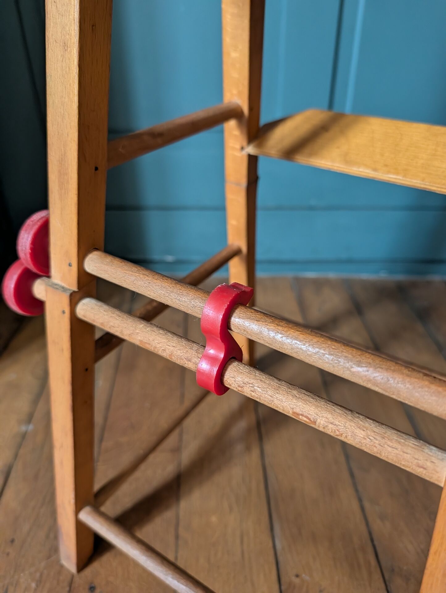 Doll high chair in wood – 1970s, foldable and on wheels