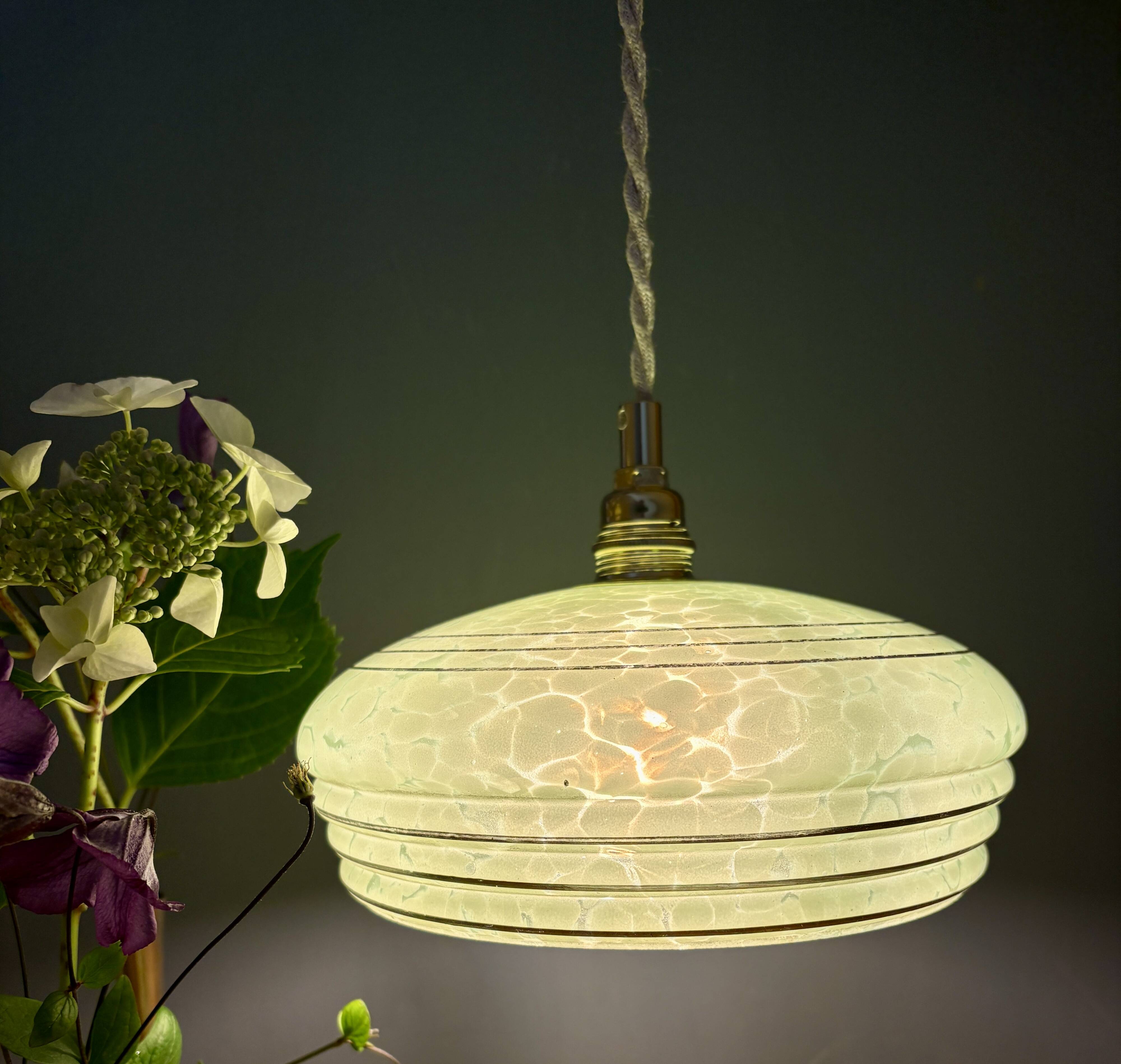 Vintage green and gold Clichy glass lampshade pendant light