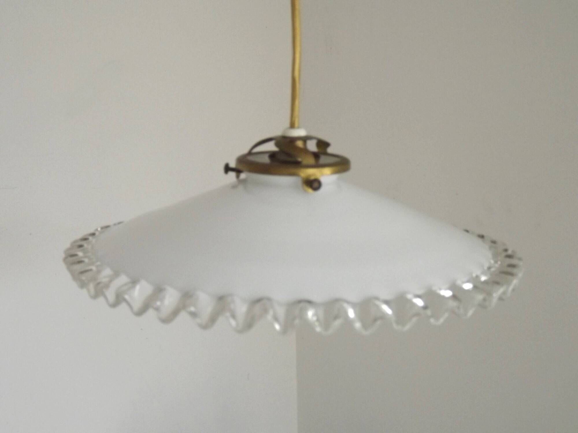 Vintage French White Opaline Glass Pendant Light Clear Glass Edge 5405