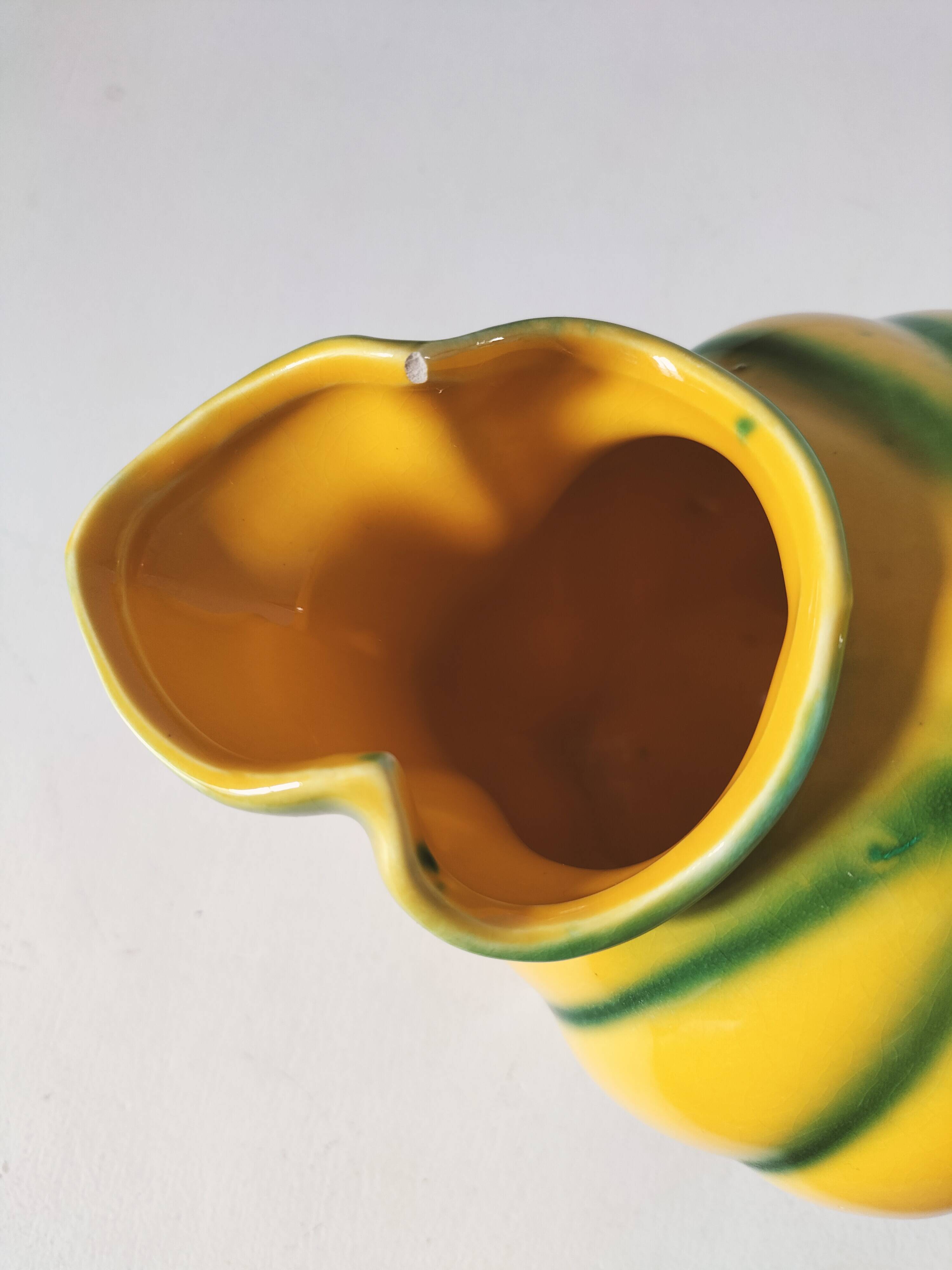 Vintage yellow and green earthenware melon-shaped pitcher – 1950s