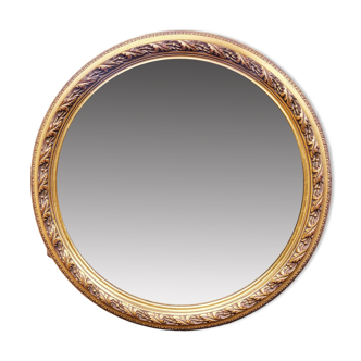 Grand miroir rond en bois sculpté doré espagnol