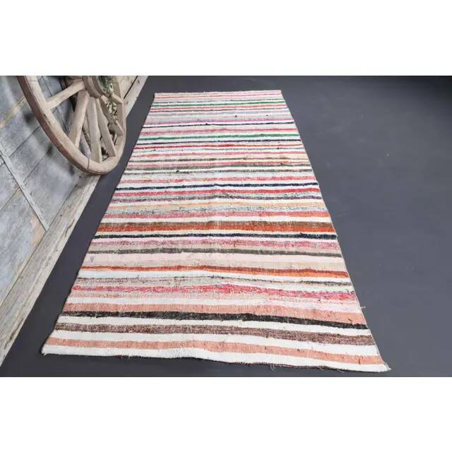Vintage Turkish Oushak Handmade Cotton Pink Wool Kilim Runner Rug 136x291