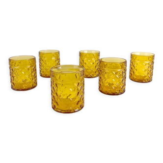 6 amber tumbler glasses with Pernod whisky 70s