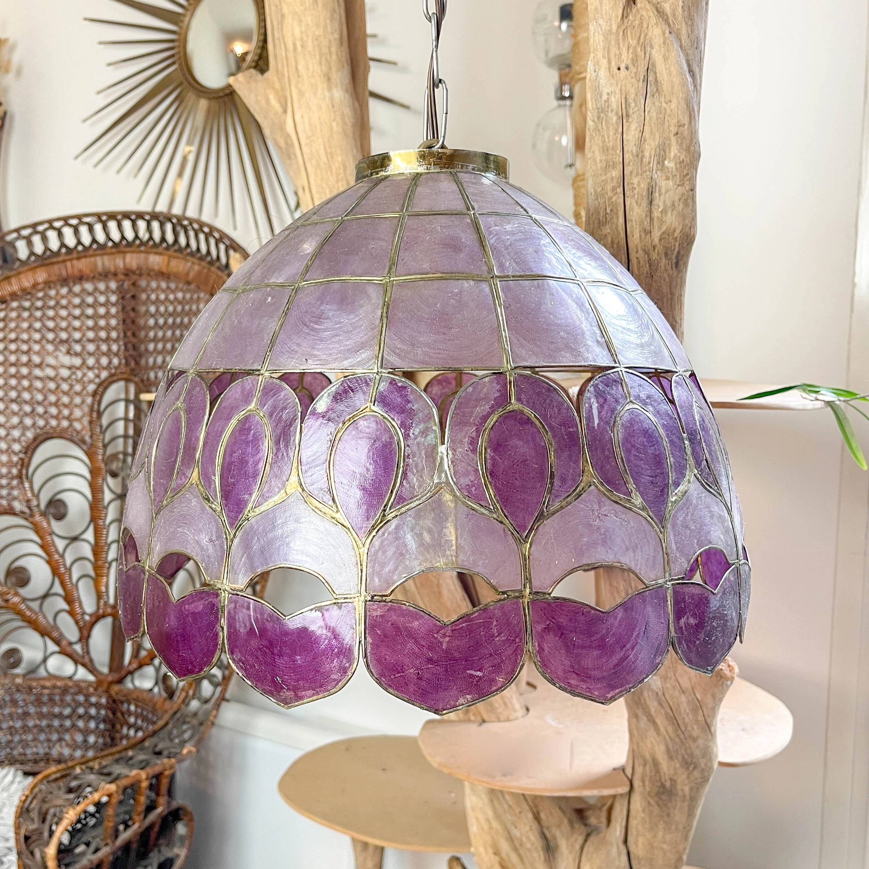 Vintage two-tone purple capiz mother-of-pearl and brass pendant light – art deco style chandelier