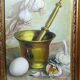 Still life with garlic, egg, and mortar signed Sarpe, 1979, oil on canvas.