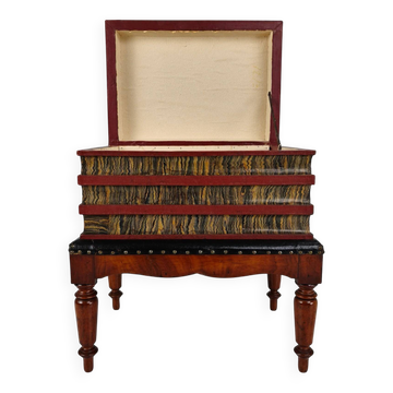 Leather faux book box on painted stand – English, circa 1830