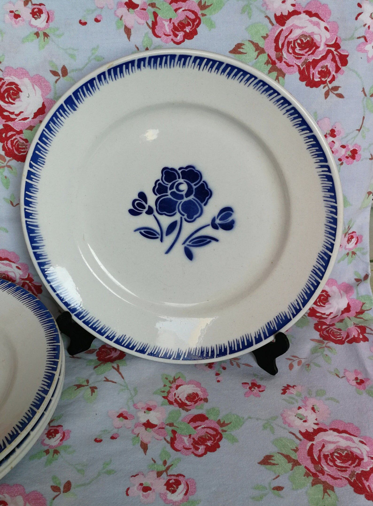 4 old flat plates Badonviller blue rose