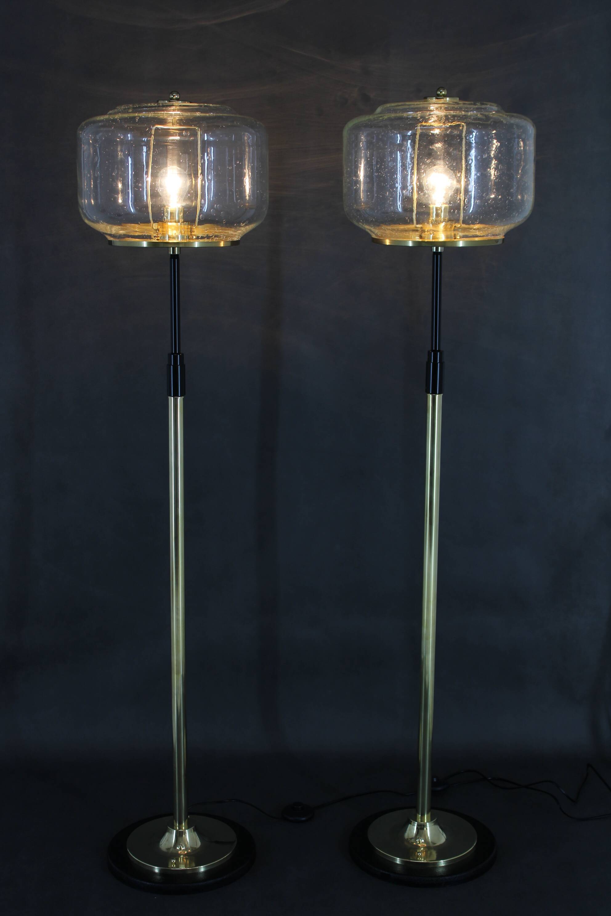 1970s Pair of Glass Brass Floor Lamps by Kamenicky Senov , Czechoslovakia