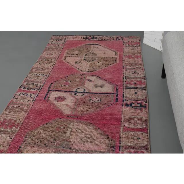 Vintage Turkish Hand-Knotted Wool Cotton Pink Runner Rug 100x335