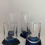 4 blue crystal glasses with rectangular base