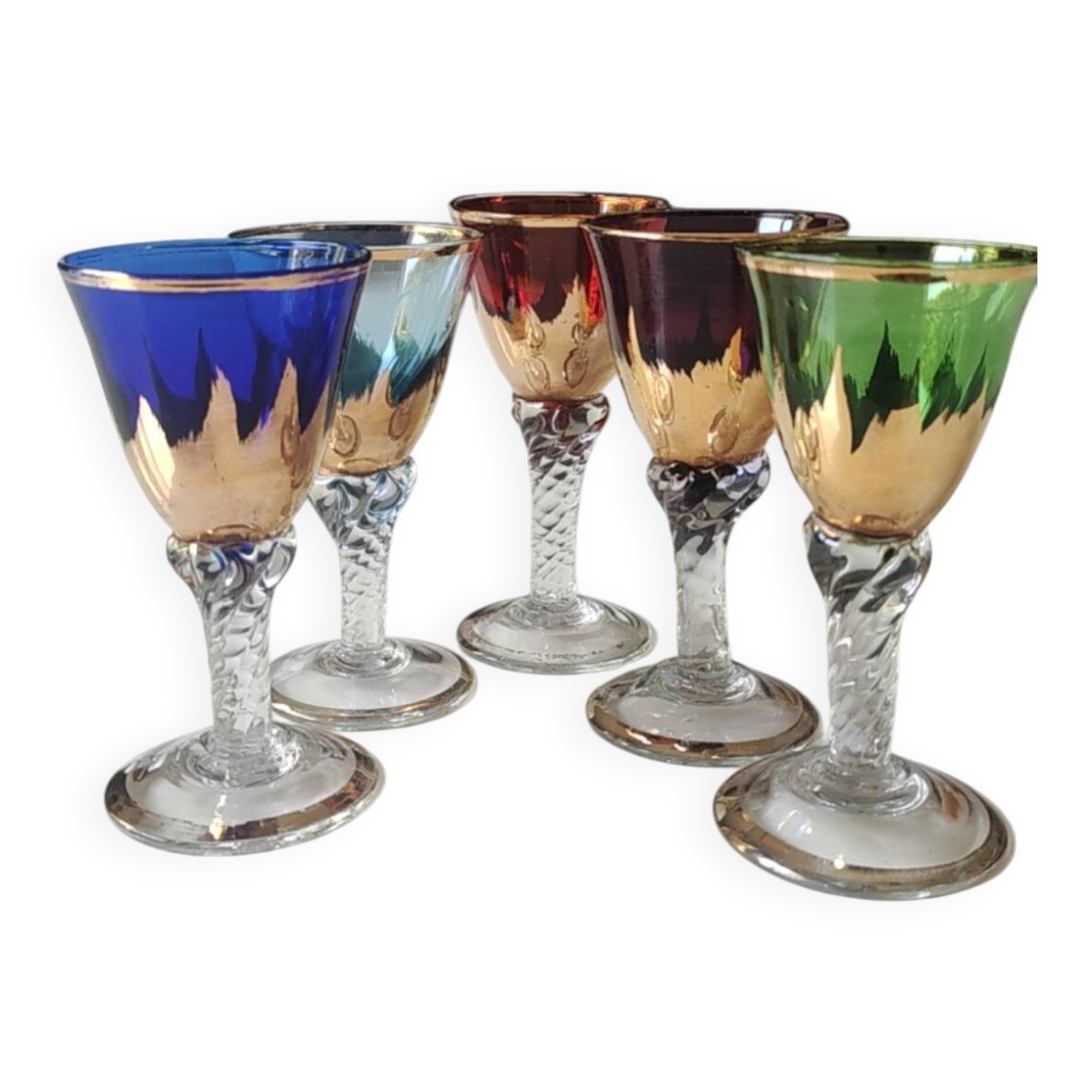 Lot 5 Glasses Digestif/Liqueur. Flamed decoration. Murano 1950
