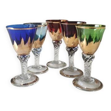Lot 5 Glasses Digestif/Liqueur. Flamed decoration. Murano 1950