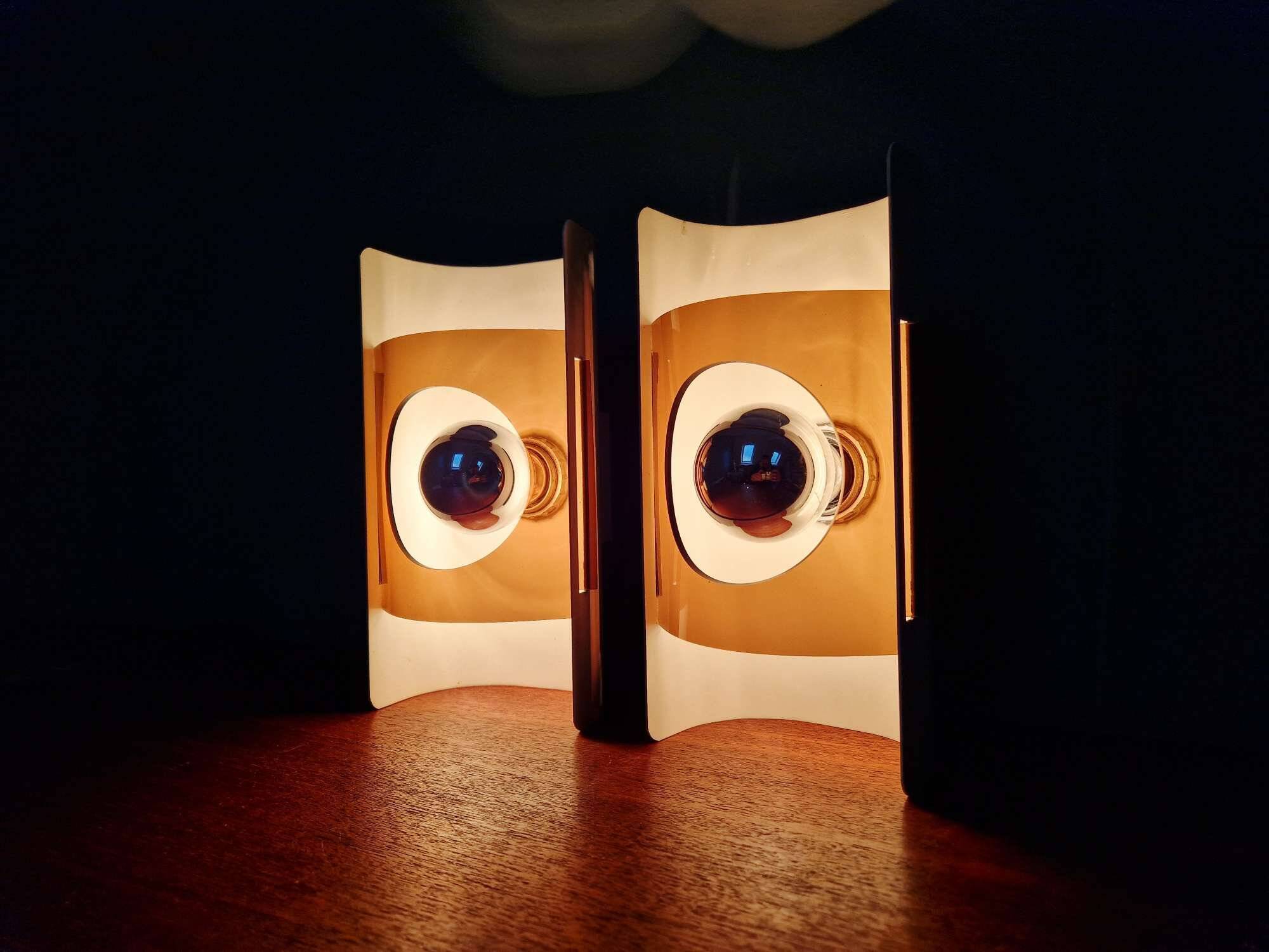 Pair of Space Age wall lights, white lacquered metal and smoked plexiglass