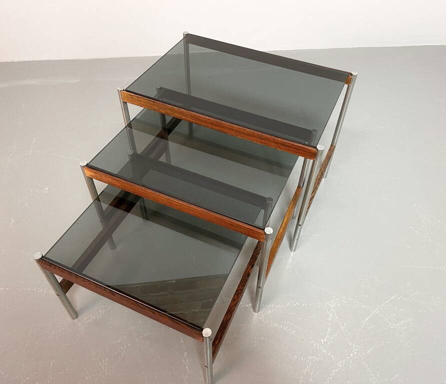 3 Fristho Dutch Design Nesting Tables with Smokey Glass Top Wenge Frame 60s