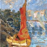 Signed sailboat landscape