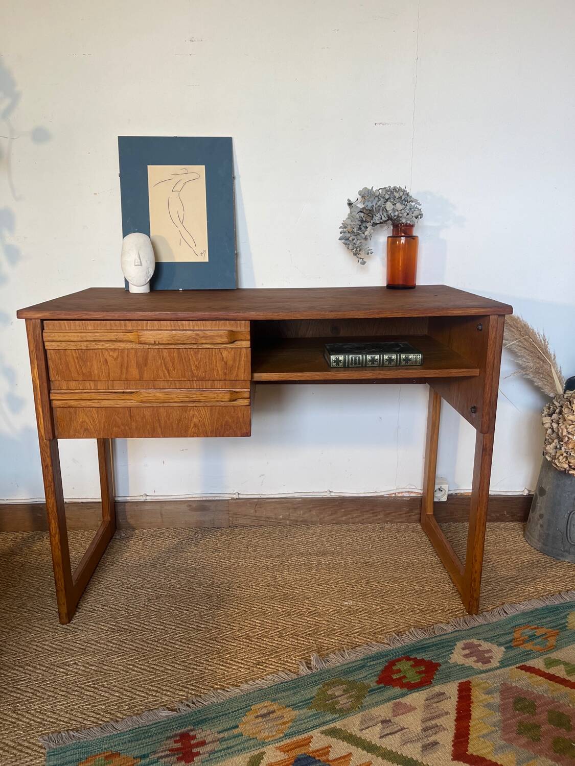 Vintage desk sled legs oak veneer