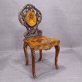 Pair of walnut chairs with Edelweiss marquetry, Brienz Switzerland 1900