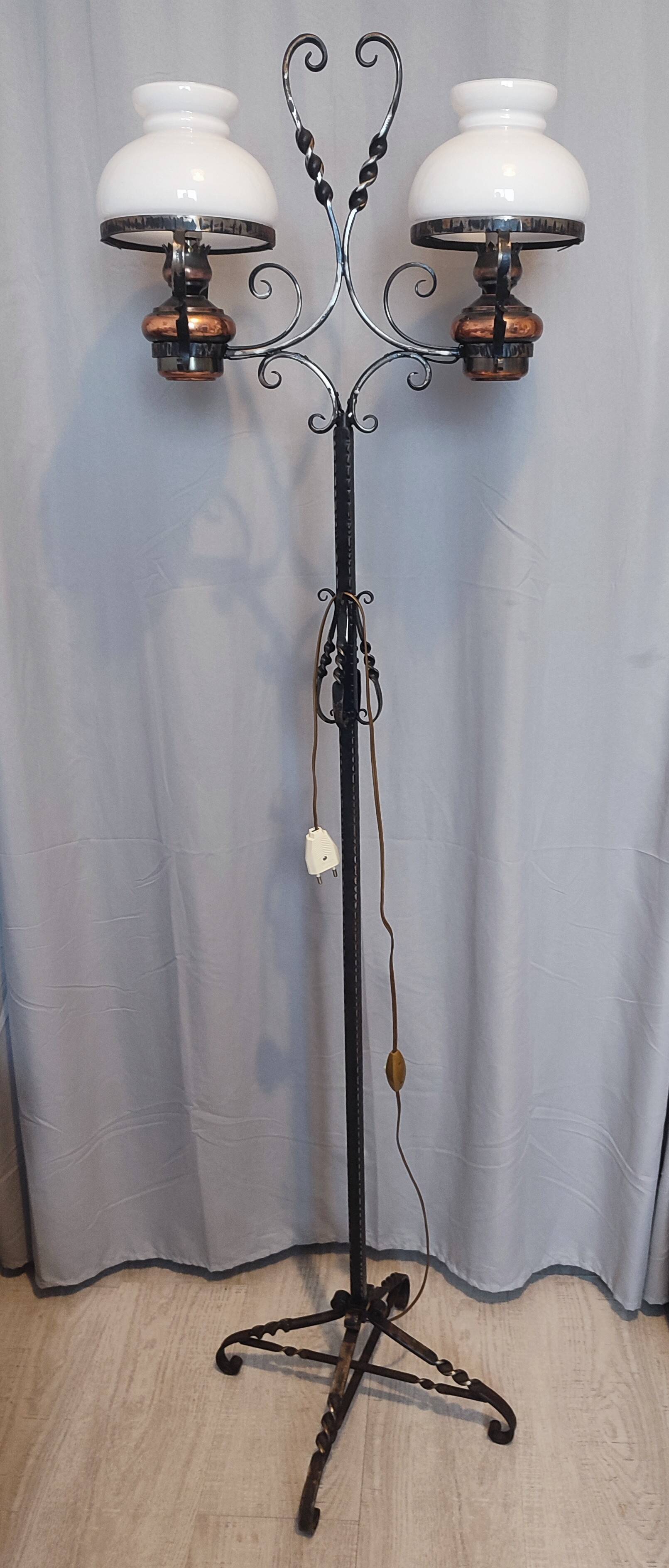 Antique double globe opaline floor lamp, wrought iron, rustic vintage style.