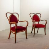 Red Velvet Heartshaped Wooden Vintage Design Side Chairs. Set of 2. 1950s