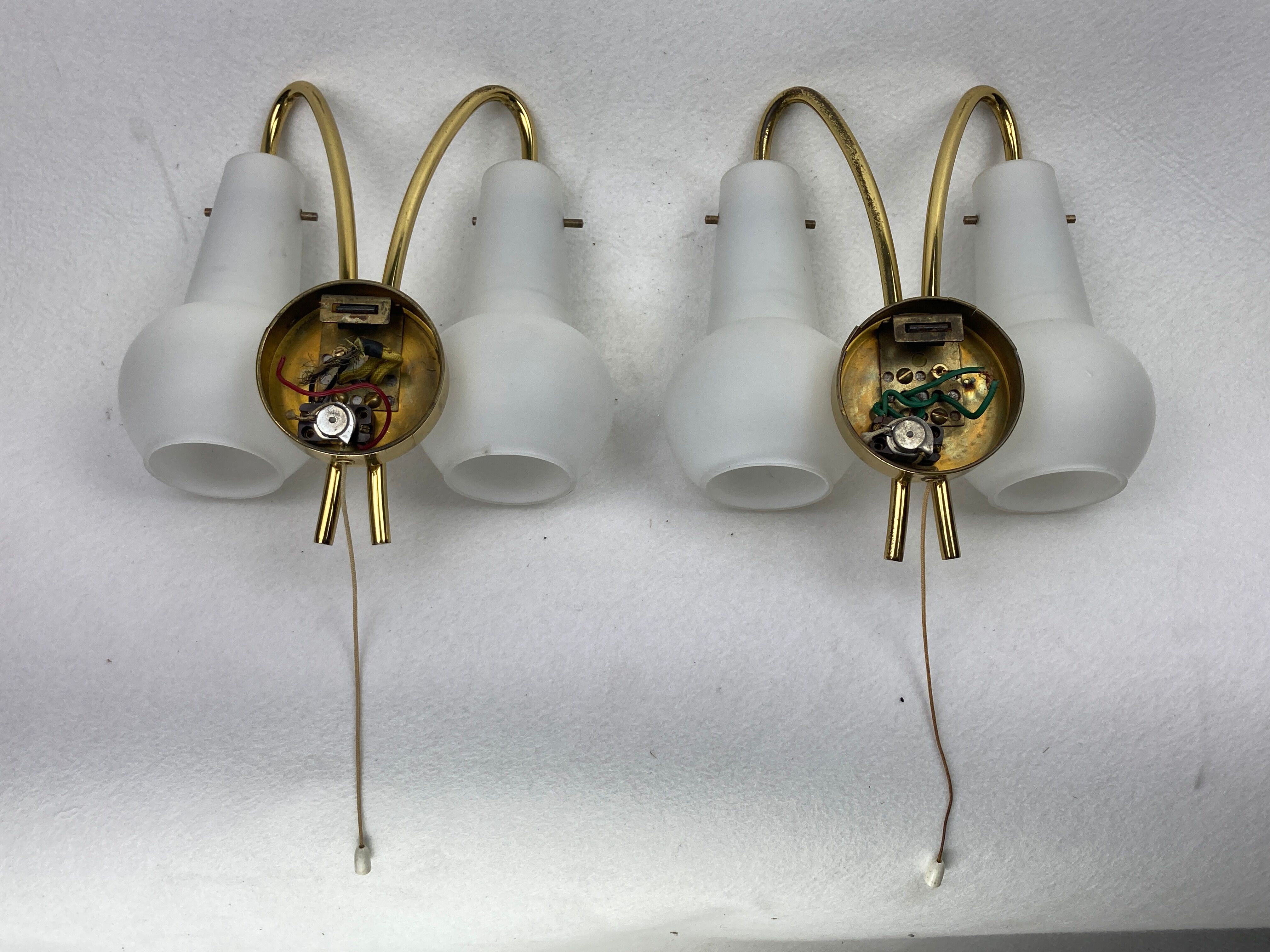 Pair brass and opaline wall sconces or bedside lamps, Austria 1950s