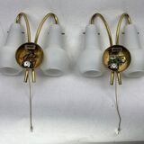 Pair brass and opaline wall sconces or bedside lamps, Austria 1950s