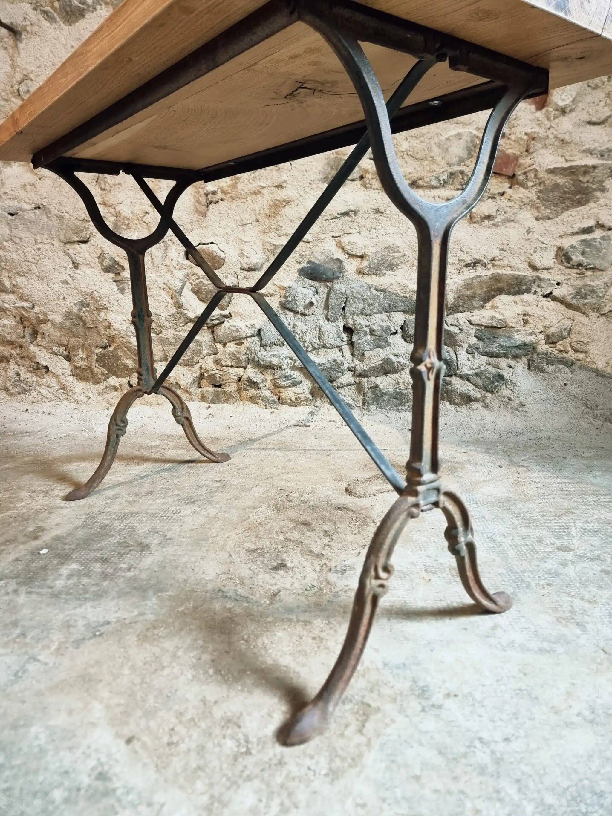 Vintage French bistro table - 1960s/70s cast iron base with solid oak top - retro coffee or wine table