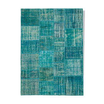 Handmade Turkish Overdyed 172 cm x 238 cm Turquoise Patchwork Carpet