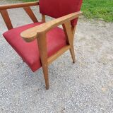 Armchair of the 50s in blond oak and red fabrics compass feet