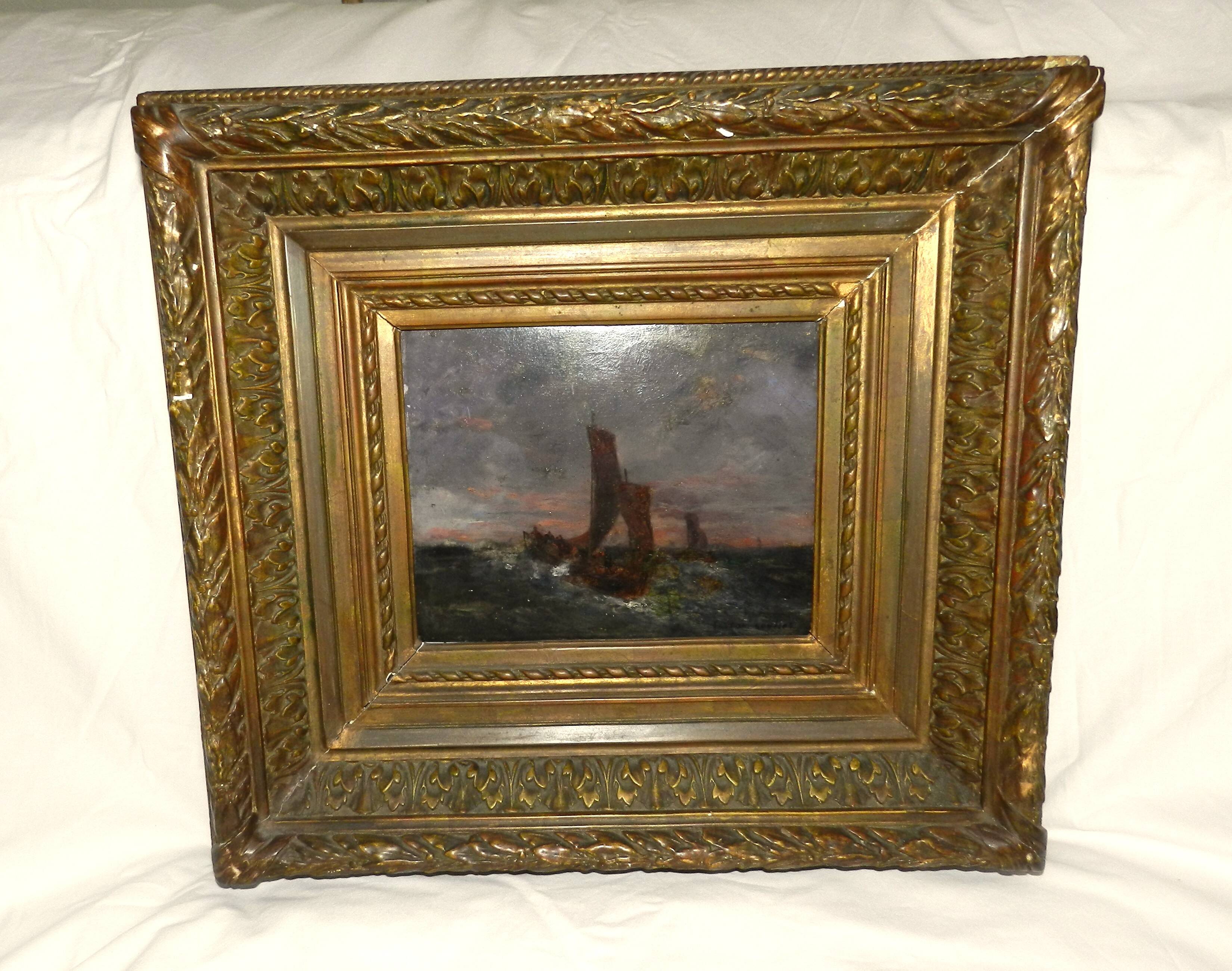 19th-century painting signed by Gaston Roullet, marine painter.