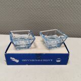Two candleholders in turquoise/tranparent glass from Danish Kastrup-Holmegaard glassworks 1965-72