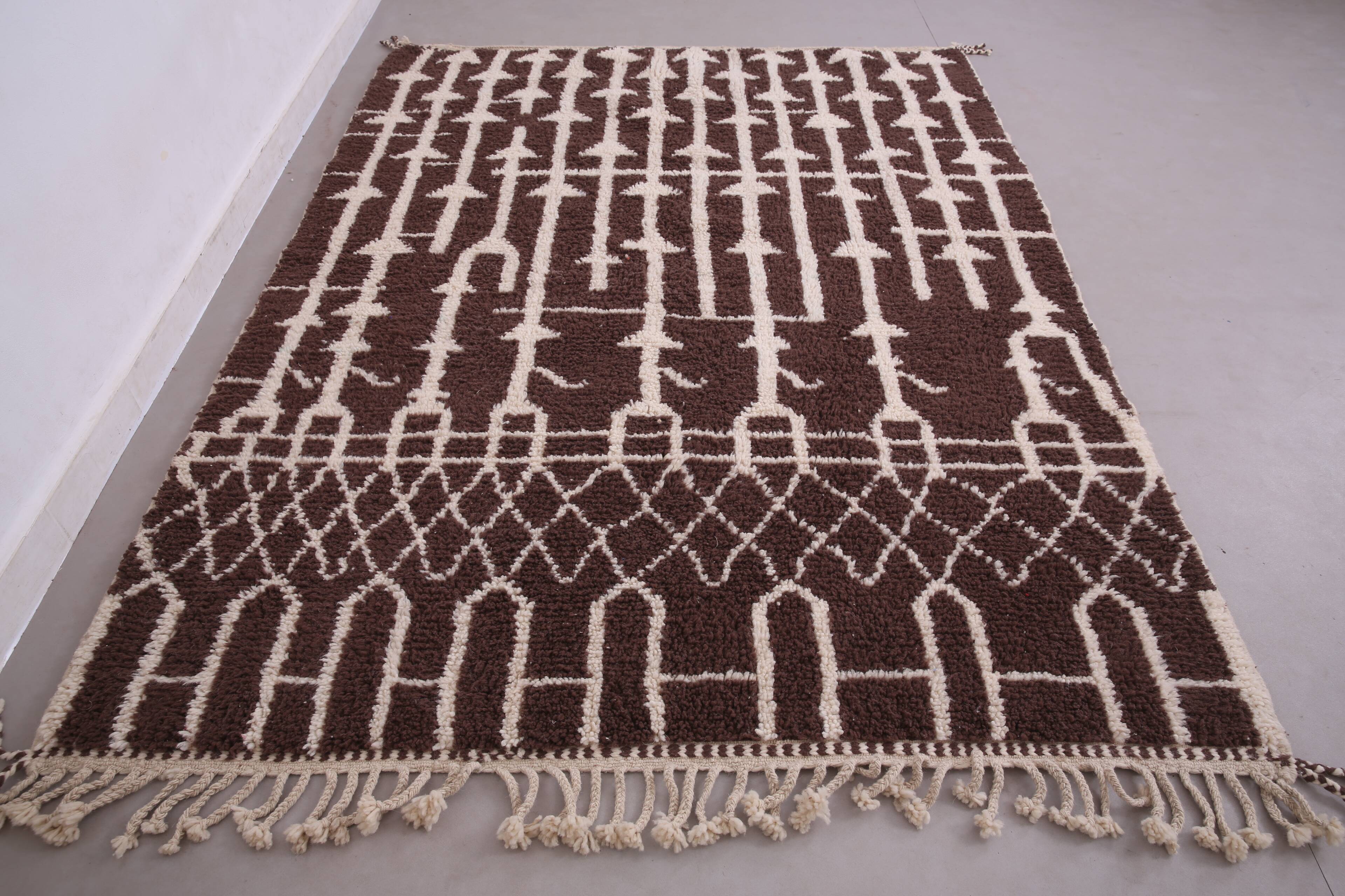 Brown Beni Ourain Rug 183 x 246 cm, Handmade Berber Wool Rug, Vintage Style