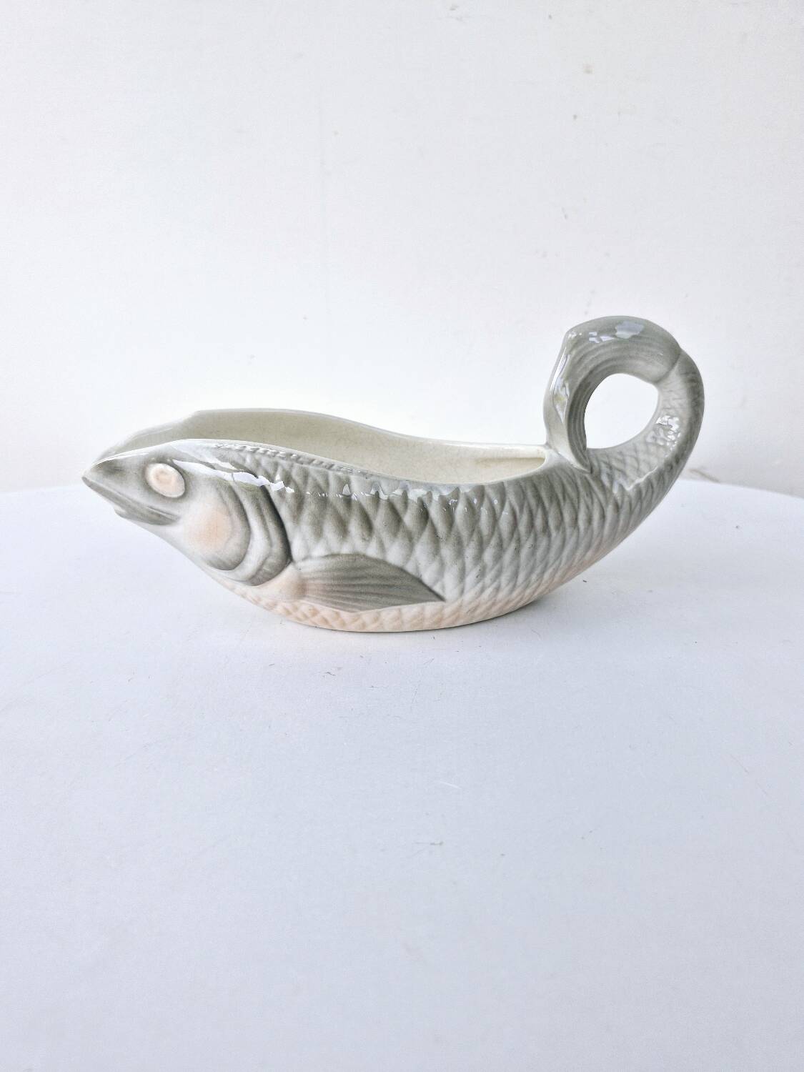 Gravy Boat With Handle Old Earthenware Ceramic Sarreguemines Salmon Fish Shape